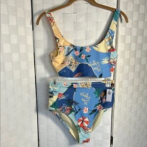 Blue & Yellow Tropical Print High-Waist Bikini Set